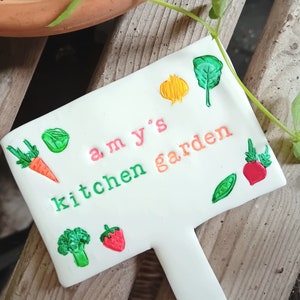 May include: White sign with the text "amy's kitchen garden" in green, pink, and orange lettering. The sign is decorated with various vegetables and fruits, including a carrot, a strawberry, a broccoli, a pea pod, a cabbage, and a beet.