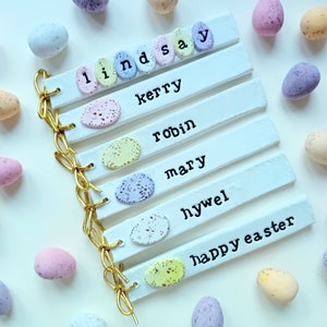 Easter clay name tag mini egg personalised tag. Easter place setting. Easter name decoration gift tag Easter basket. Spring place card name.