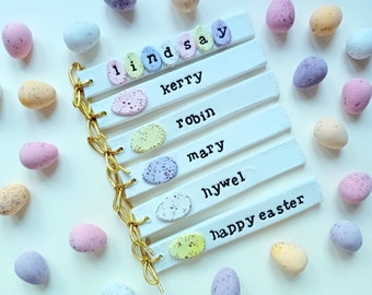 Easter clay name tag mini egg personalised tag. Easter place setting. Easter name decoration gift tag Easter basket. Spring place card name.