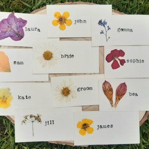 Place name cards real pressed flowers wedding place name card floral place names card personalised wedding place settings