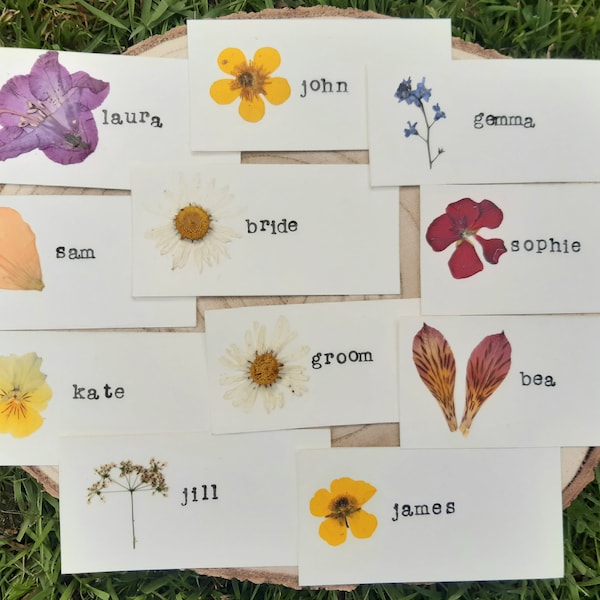 Place name cards real pressed flowers wedding place name card floral place names card personalised wedding place settings