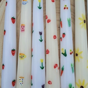 Hand painted taper candles tall dinner decor wedding gifts housewarming new home gift keepsake cottagecore floral tulip mushroom strawberry