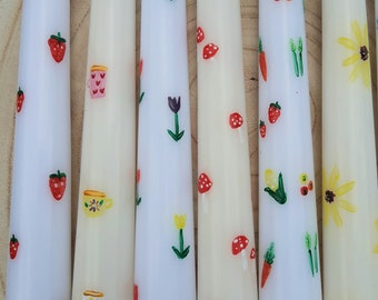 Hand painted taper candles tall dinner decor wedding gifts housewarming new home gift keepsake cottagecore floral tulip mushroom strawberry