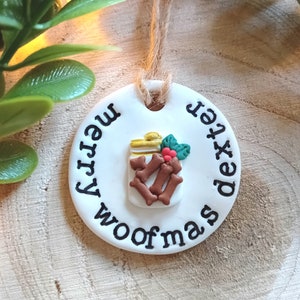 Personalised Christmas dog clay decoration. 4.5cm tag. Christmas dog treat tag. Christmas dog gift tag. Dog name tree decoration. Pet gift.