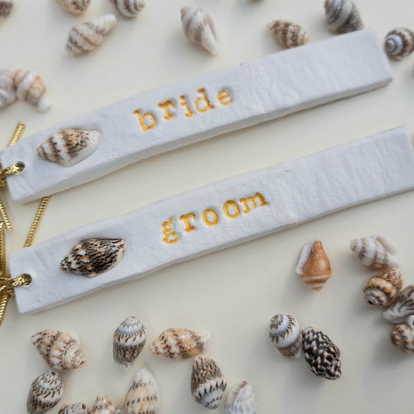 Wedding place name cards clay shell place names shell clay tags Beach Wedding place settings clay name tag