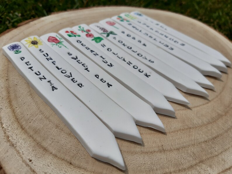 Pu&ograve; includere: Un set di dieci marcatori per piante bianchi con scritte nere e disegni di fiori dipinti. I marcatori sono etichettati con i nomi dei fiori, tra cui "Zinnia", "Girasole", "Pisello odoroso", "Malva", "Cosmos", "Nontiscordardime", "Lavanda", "Merletto della regina Anna", "Campanula", e "Geranio".