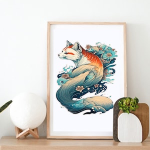 Japanese Kitsune Fox , wall art, vintage Digital Print Download, Digital Download Wall Print,Retro Wall Decor,Printable Wall Art