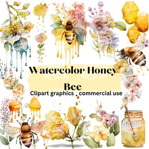 Watercolor Honey Bee Clipart - 21 Piece honey bee floral honey, spring garden bee and honey drips PNG instant download for commercial use