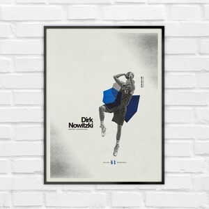 May include: Poster featuring a basketball player in action, with the name "Dirk Nowitzki" and the number "41" visible. The poster has a minimalist design with blue geometric shapes and a black frame.