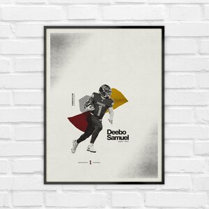 May include: A framed poster featuring a black and white action illustration of a football player wearing a jersey with the number 1. The text reads Deebo Samuel, Sweet Feet, and Washington 1 Football, accented by abstract red and gold shapes.