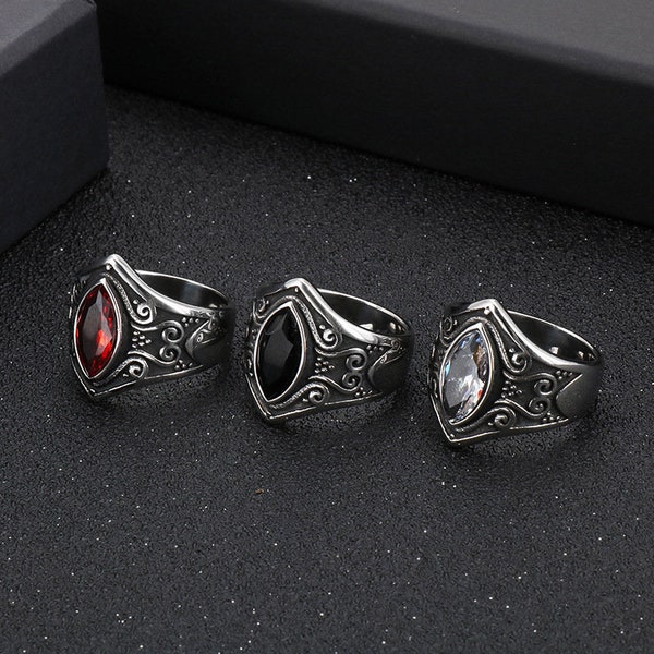 Stainless Steel Red Stone Carved Men's Ring, Mens Jewelry, Gift For Him