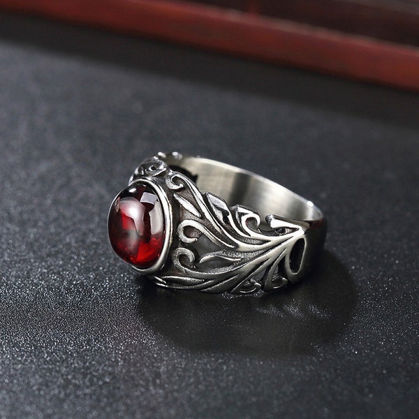 Stainless Steel Ruby Ring, Vintage Ruby Ring, Retro Style Ring, Antique Ring, Red Stone Ring, Gothic Ring, Gift For Him, Unisex Ring