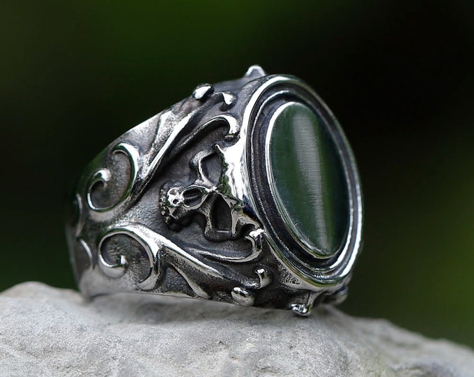 Stainless Steel Skull Ring, Engraved Skull Ring, Oval Stone Ring, Biker Jewelry, Gothic Jewelry, Biker Ring, Gift For Biker