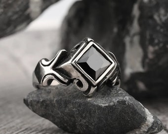 Stainless Steel Red Stone Carved Men's Ring, Mens Jewelry, Gift For Him, Mens Ring, Signet Ring, Biker Ring, Gothic Ring