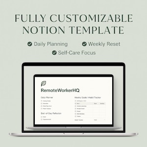 May include: A laptop computer displaying a Notion template for remote workers. The template includes sections for daily planning, weekly goals, habit tracking, and end-of-day reflection. The template is titled "RemoteWorkerHQ".