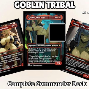May include: A set of three collectible trading cards titled GOBLIN TRIBAL Complete Commander Deck, featuring anime-style illustrations of goblin characters. The cards include Siege-Gang Commander, Krenko, Mob Boss, and Muxus, Goblin Grandee with red borders and text.