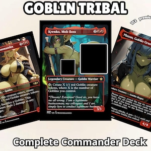 May include: Three trading cards titled Siege-Gang Commander, Krenko, Mob Boss, and Muxus, Goblin Grandee, featuring anime-style goblin illustrations. The cards have black borders, red text boxes, and include the text GOBLIN TRIBAL and Complete Commander Deck.