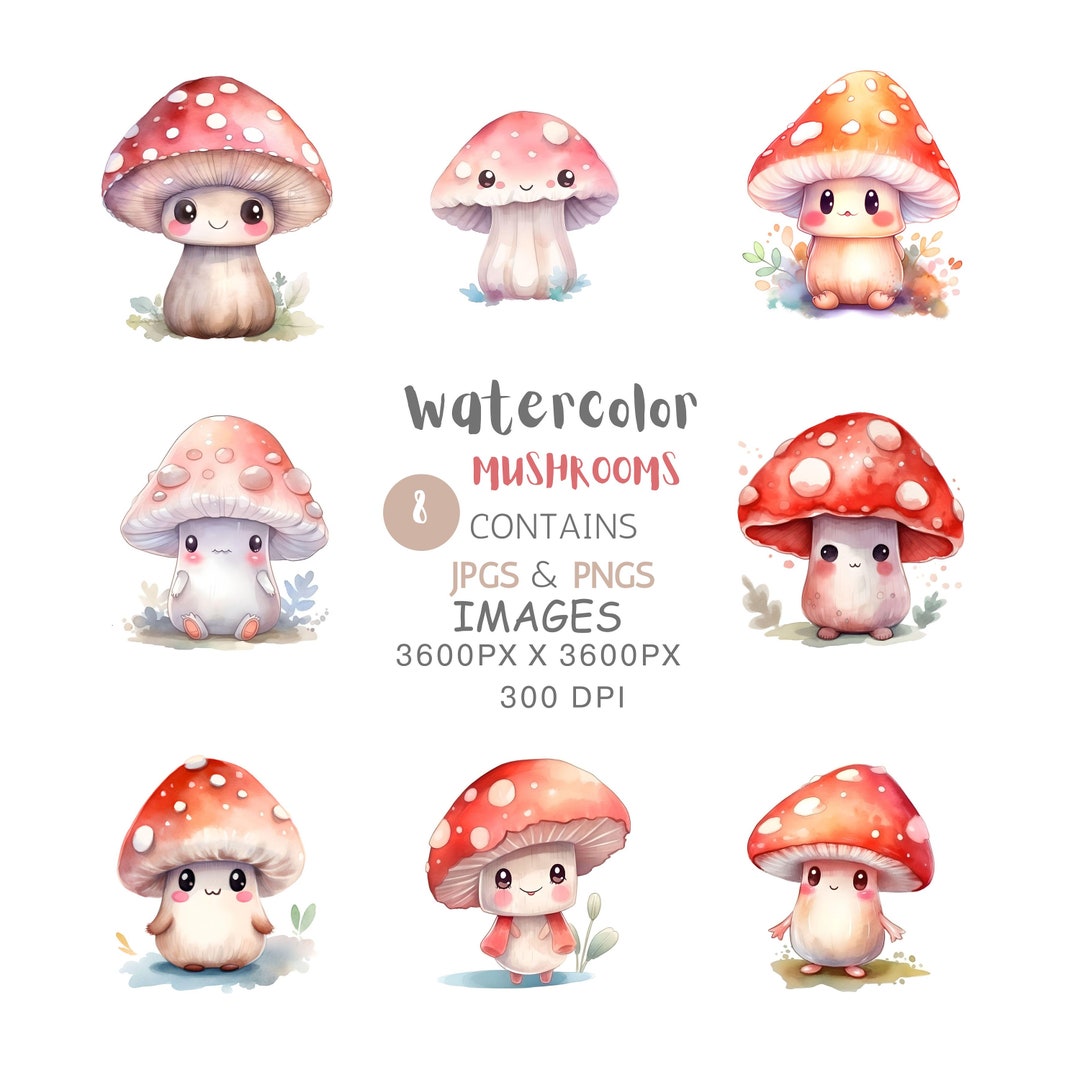 Watercolor Kawaii Mushroom Clipart Bundle, Commercial Use, Scrapbooking