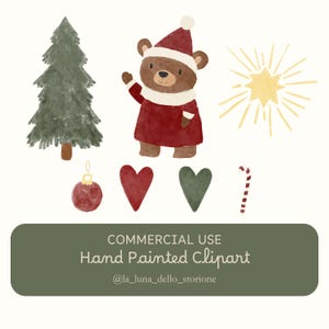 Carino orso di Natale Clipart commerciale bosco acquerello boho inverno genere neutro albero di Natale salvia cuore clipart stella orsacchiotto