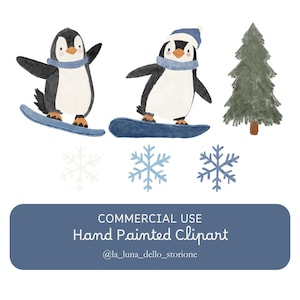 Clipart pingouins snowboard commerciaux sports d'hiver neutres entre les sexes arbre de Noël sauge Clipart pingouins Png animaux d'hiver