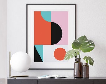 Retro Color Block Print no. 1 | Mid Century Wall Art | Colour Shapes Artwork | 1960s Style Artwork | Red, Blue, Pink, Black