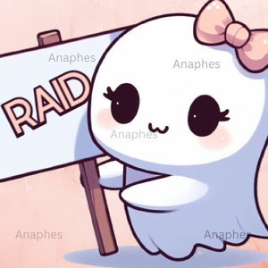 Pode incluir: Um fantasma de desenho animado com um laço rosa segurando um cartaz que diz "RAID". O fantasma tem olhos pretos grandes e uma expressão fofa.