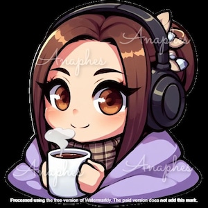 Twitch Emote Brown Hair, Brown Eye girl Drinking Coffee