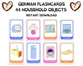 GERMAN FLASHCARDS 44 Household Objects - German language - instant download, printable flashcards