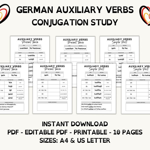 GERMAN AUXILIARY VERBS - Conjugation Study Pack - Learn German language - instant download, handout, workbook