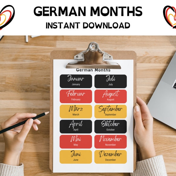 GERMAN MONTHS - German language - printable, digital download, educational poster