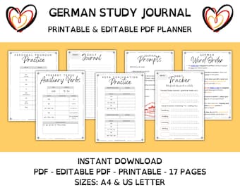 GERMAN STUDY JOURNAL - German language - printable & editable German planner, German study notebook