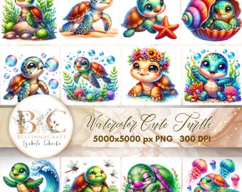 Watercolor Cute Turtle Clipart, Cute Sea Baby Turtle Clipart PNG, Baby Nursery Clipart, Sealife Clipart, High Quality PNG Digital Download