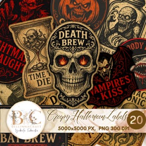 May include: A collection of 20 creepy Halloween labels with various spooky designs. The labels feature skulls, vampires, zombies, and other eerie graphics. Text includes "Death Brew" and "Vampire's Kiss". The labels are in shades of red, black, and beige.