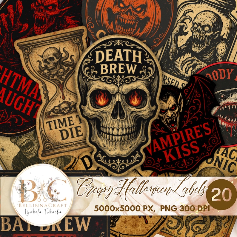 Creepy Halloween Labels, Potion Labels Bundle, Vintage Creepy Skull and ...
