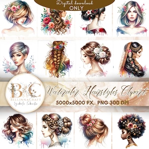 Imágenes prediseñadas de peinados en acuarela, imágenes prediseñadas de peluquería, imágenes prediseñadas de peluquería, ilustraciones de estilistas, paquete de imágenes prediseñadas de peluqueros profesionales