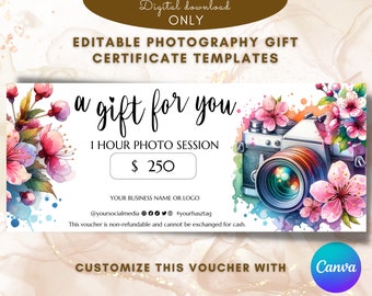 Photography A Gift For You Template Pink Cherry Blossom Photography gift card template Photo session voucher Printable Voucher EDITABLE