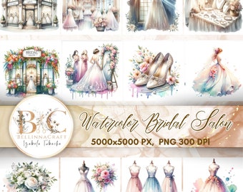 Watercolor Bridal Salon Clipart,  Watercolor Wedding Clipart, Bridal Boutique Clipart, Bridal Dress Clipart, Wedding Day,  Just Married PNG