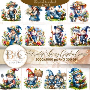 Watercolor Spring Garden Gnome Clipart, Garden Gnome Clipart Bundle, Spring Gnomes Clipart, Cute Gnome, Springtime Wildflowers Gnome PNG