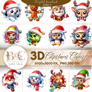 Lot de cliparts de Noël 3D, jolies illustrations de Noël Père Noël, elfe, bonhomme de neige, renne, saison hivernale, effet trou dans le mur 3D, hiver