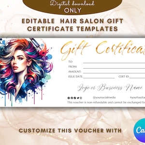Plantilla de certificado de regalo de peluquería Plantilla de tarjeta de regalo de estilista elegante vale de regalo imprimible EDITABLE Tarjeta de regalo de acuarela dorada