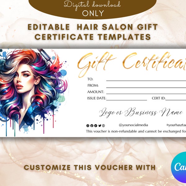 Hair Salon Gift Certificate Template Elegant Hair Stylist gift card template gift voucher Printable  EDITABLE Gold  watercolor Gift card