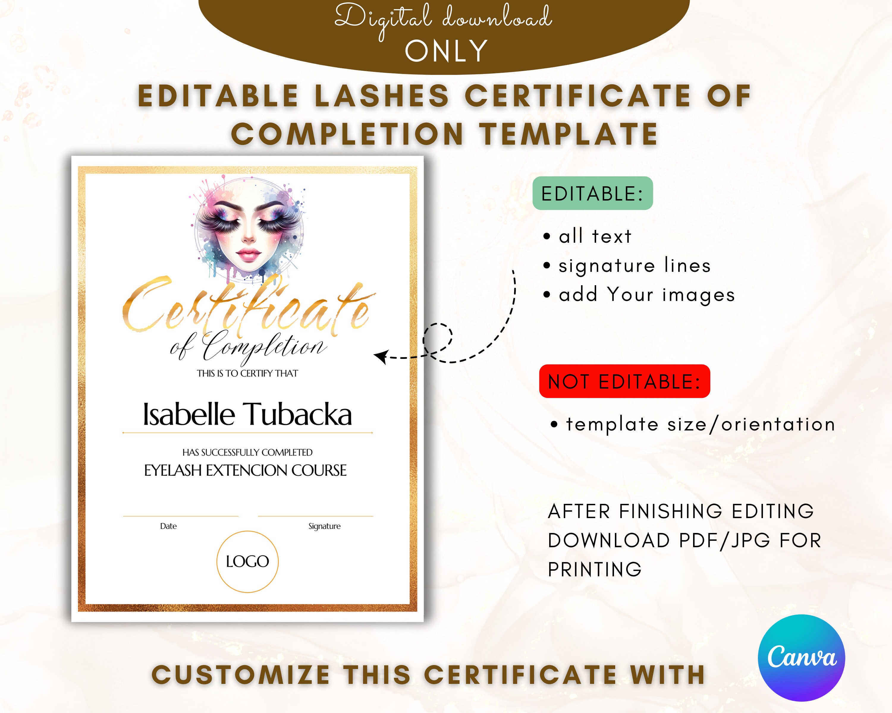 Lashes Certificate of Completion, Eyelash Extension Course Training ...