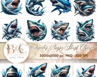Watercolor Angry Shark Clipart Bundle, White Shark PNGs, Ocean Predator Art, Sea Animal, Ocean Animal, Sea Shark, Fierce Shark Clipart PNG