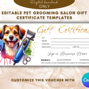Plantilla de certificado de regalo para salón de belleza para mascotas Elegante plantilla de tarjeta de regalo para mascotas vale de regalo Cupón imprimible EDITABLE Plantilla de tarjeta de salón para mascotas