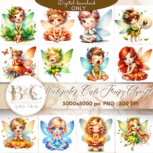 Bundle de cliparts fée mignonne aquarelle, haute résolution 300 DPI, lunatiques Magical Girls, graphiques de fées fantastiques pour sublimation, autocollants PNG