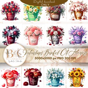 Valentinstag Eimer Mit Blumen Clipart, Geburtstag Eimer mit Blumen, Valentinstag Geschenkkorb, Blumeneimer Clipart, Junk Journal PNG