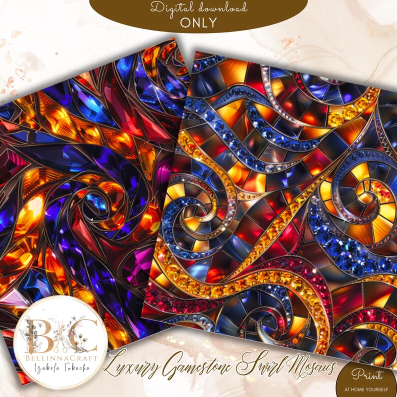 May include: Two digital art prints featuring gemstone swirl mosaics. The designs showcase intricate patterns in shades of red, blue, orange, and gold. The text "Digital download ONLY" and "Luxury Gamestone Swirl Mosaics" are visible.