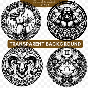 May include: Four black and white circular illustrations of zodiac signs. The signs are Taurus, Aries, Gemini, and Capricorn. Each sign is surrounded by a decorative border.