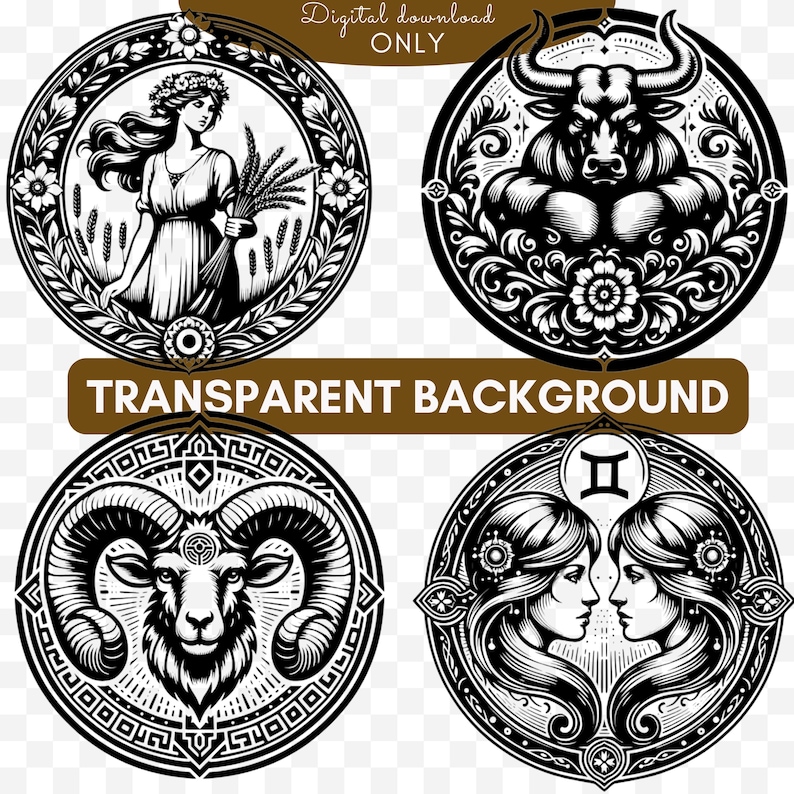 May include: Four black and white circular illustrations of zodiac signs. The signs are Taurus, Aries, Gemini, and Capricorn. Each sign is surrounded by a decorative border.