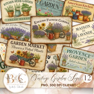Vintage Garden Signs Clipart Bundle, Retro Metal Posters PNG, Rustic Provence Kitchen Wall Art, Shabby Chic Flowers Herbs Decor PNG